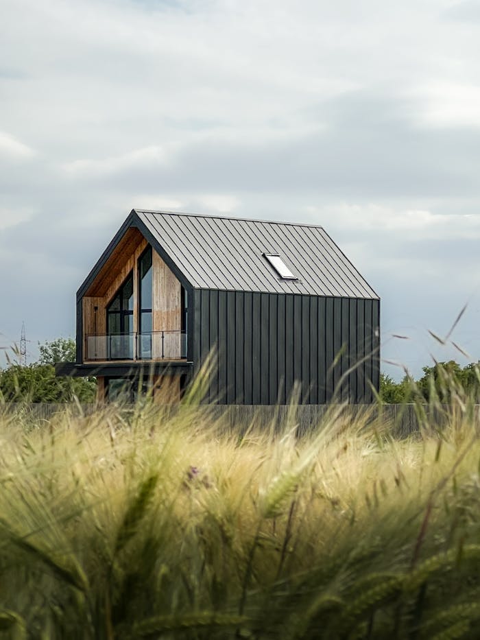 pexels photo 29672245 Contemporary house with dark exterior in a grassy field under cloudy skies.